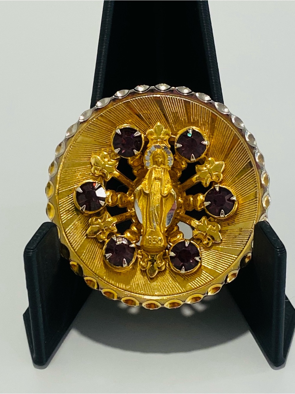 Vintage Sunburst Mother Mary Brooch Pin Goldtone Purple Rhinestones Catholic